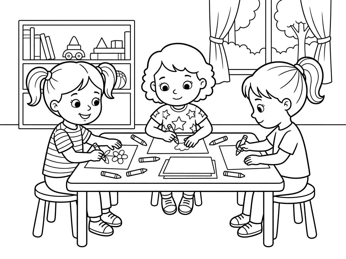 בבקשה, תסרי דף ו', של שלוש ילדות יושבות יחד ליד שולחן בגן ילדים, והן צובעות בדפים לבנים.