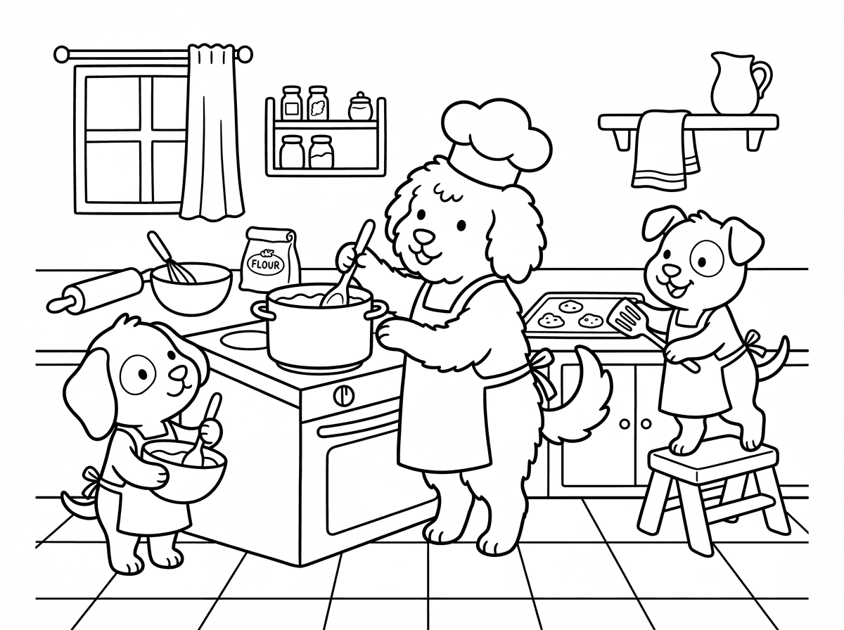 ‏הלו צור לי דף צביעה של כלבים מתוקים מבשלים במטבח