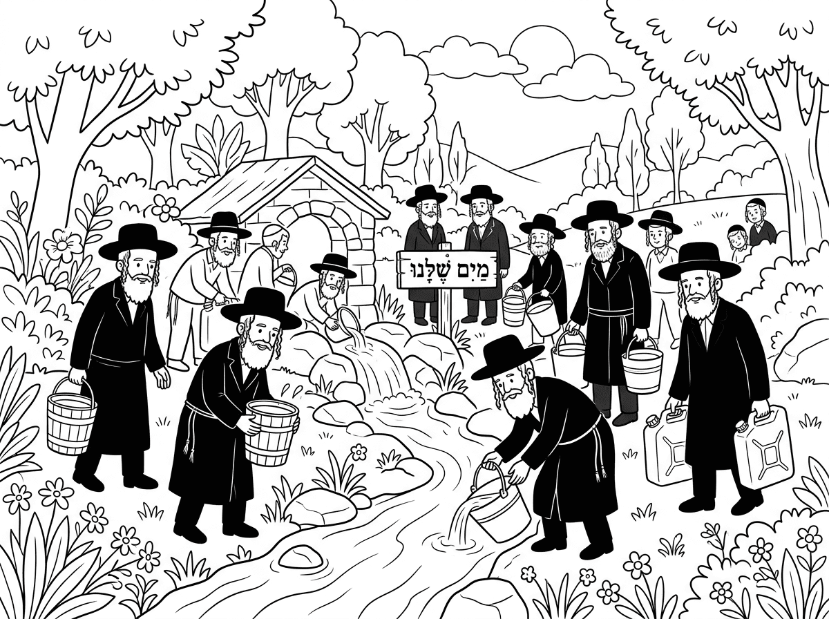 תכין לי תמונה של שאיבת מים שלנו לפסח ע"י  הרבה אנשים חסידים במעיין