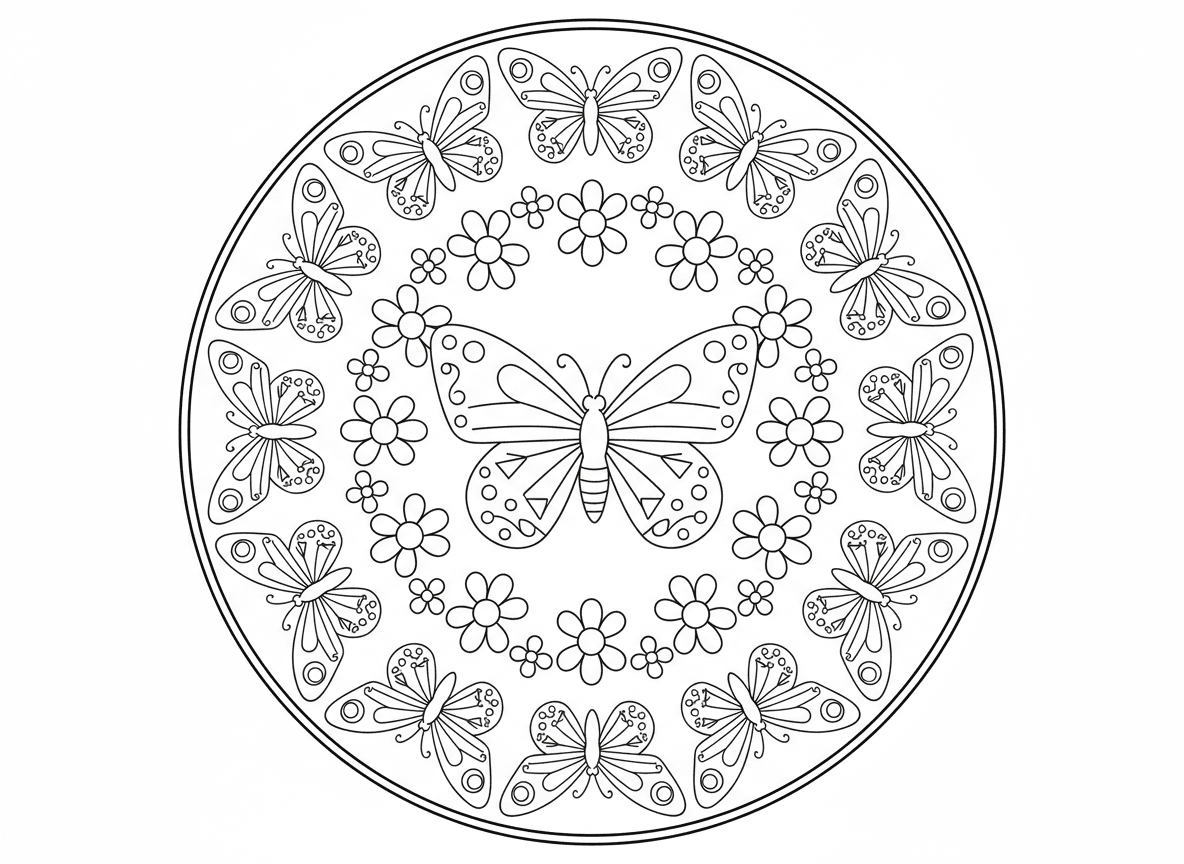 מנדלת פרפרים - מנדלה עשויה כולה מפרפרים מסודרים בדוגמה עגולה, פרפר גדול במרכז, פרפרים קטנים מקרינים החוצה, דוגמאות כנפיים יוצרות עיצובים גאומטריים, פרחי נוי בין הפרפרים