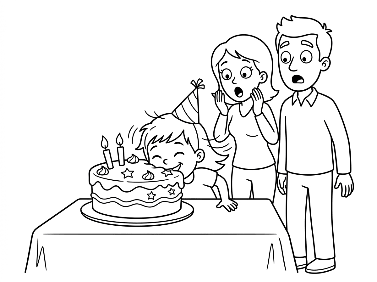 ילדה דוחפת את כל הפרצוף שלה לתוך עוגה וההורים שלה המומים