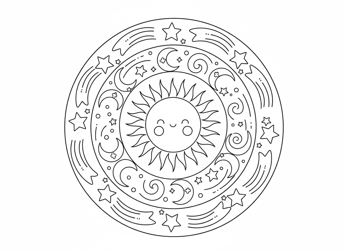 מנדלת כוכבים וירח - מנדלה שמימית עם שמש מחייכת במרכז, מוקפת בטבעות ירחים וכוכבים בגדלים שונים, כוכבים נופלים, סהרים, דוגמאות כוכבים נוצצים, מערבולות קוסמיות בין שכבות