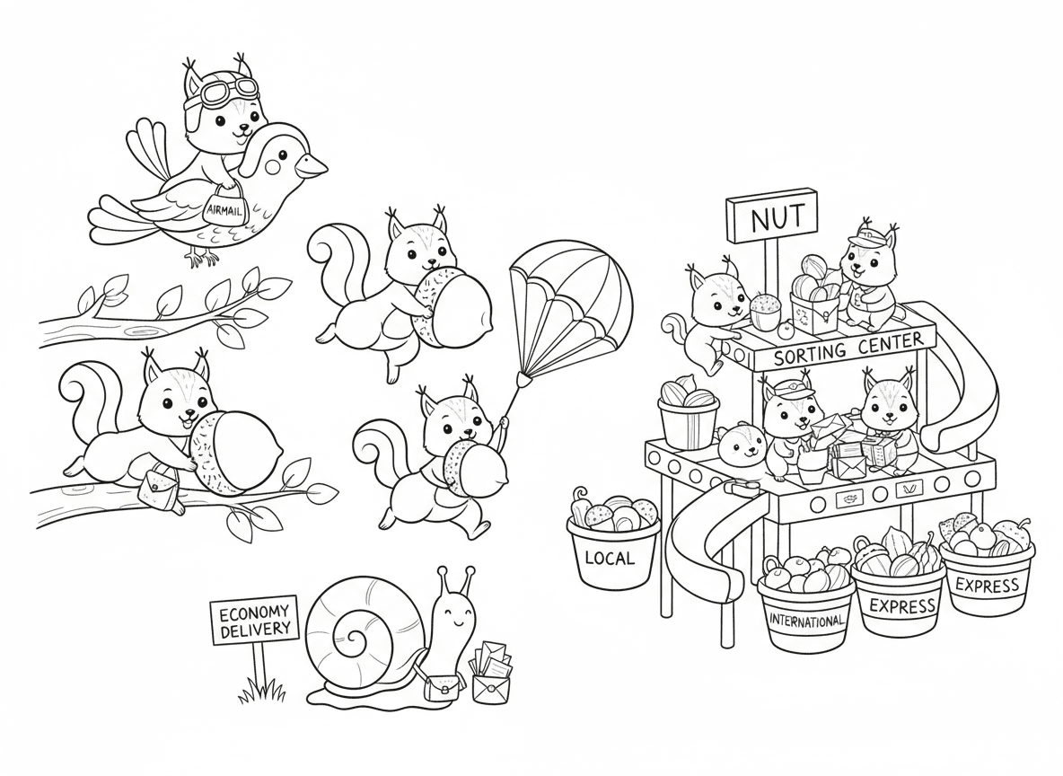 שירות דואר של סנאים - סנאים מחלקים חבילות בצורת בלוטים בקפיצות מעץ לעץ, מצנחים זעירים למשלוחים קרקעיים, מרכז מיון של בורית, מחלקת דואר אוויר של ציפורים, ומשלוח חסכוני בחילזון
ללא טקסט