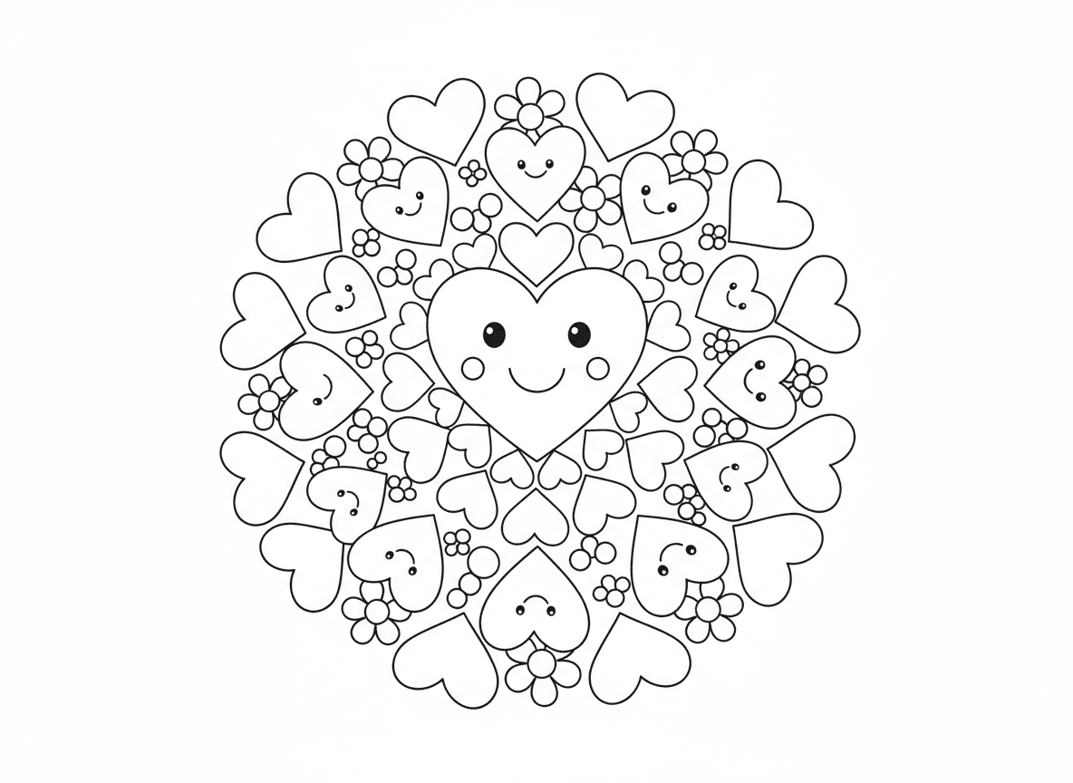 מנדלת לבבות לילדים - מנדלה עשויה לבבות בגדלים שונים, לב גדול במרכז, לבבות מקרינים בטבעות עגולות הולכים וקטנים, חלק מהלבבות עם פרצופים חמודים, פרחים בין לבבות, פשוט וכיפי לילדים קטנים