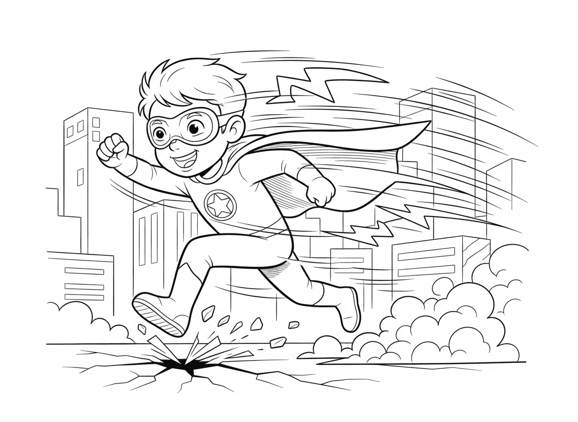 גיבור על עם סופר מהירות רץ - ילד גיבור על רץ במהירות על עם שובל ברק מאחור, קווי מהירות בכל מקום, גלימה מתוחה לאחור, משקפי מגן, אדמה נסדקת מתחת לרגליים, ענן אבק, בניינים מטושטשים