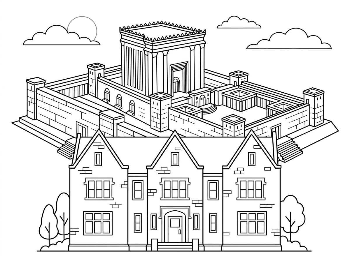 ספר דף צביעה של בית המקדש מהודר ומכובד בית המקדש היהודי. ובחזית יש את הבניין של ה-770 של חב"ד.