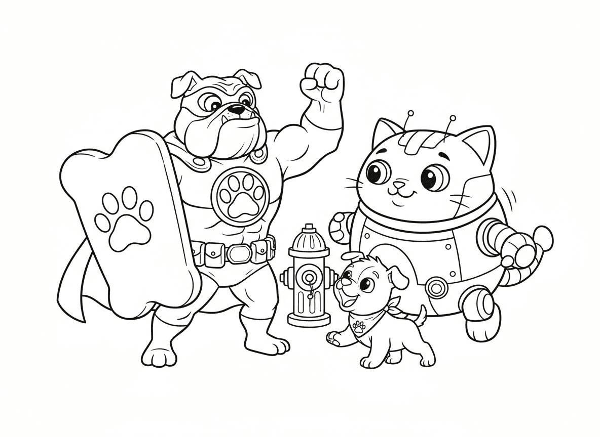 כלב גיבור על עם מגן עצם - בולדוג גיבור על אמיץ עם עצם ענקית כמגן, גלימה עם לוגו כפה, קולר שירות במקום חגורה, נלחם בחתול רובוט רשע ענק, ברז כיבוי ברקע, גור כשותף