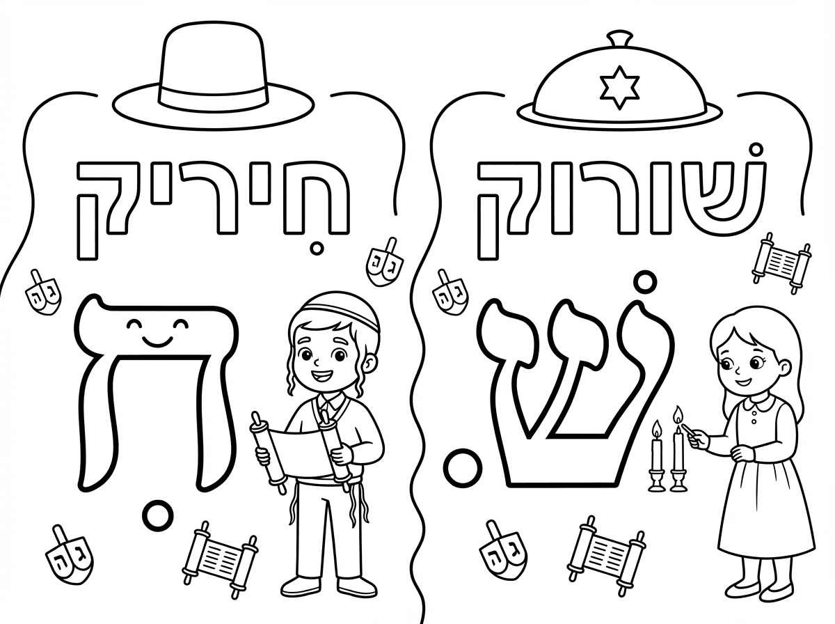 תכין לי בבקשה דף צביעה על התנועה חיריק וההבדלים בין קובץ שורוק וחיריק תוכן יהודי חסידי