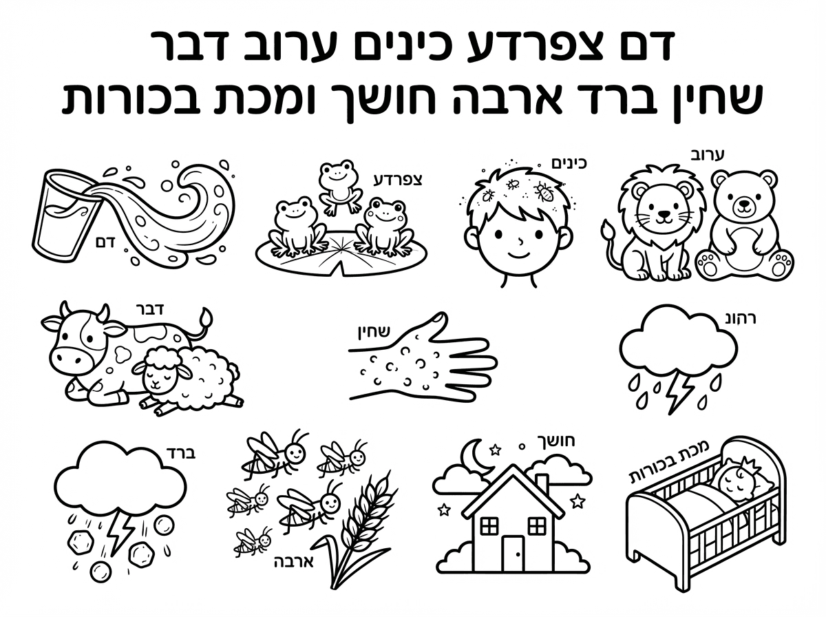 תיצור לפי התיאור הזה- שורה ראשונה מימין לשמאל דם צפרדע כינים ערוב דבר
שורה שניה שחין ברד ארבה חושך ומכת בכורות