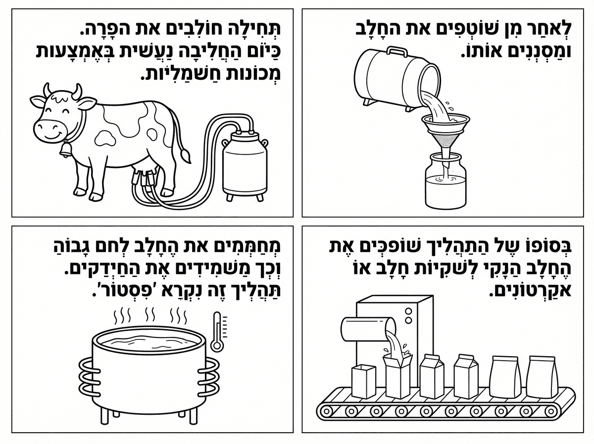 תוכל לקחת משפטים עם מאזכרים מהקטע הבא ולחבר אותם לתמונות?
תְּ חִ לָּה חֹולְּבִ ים אֶ ת הַ פָּרָּ ה. כְּ דֵ י שֶ הֶ חָּ לָּב שֶ ל הַ פָּרָּ ה יִהְּ יֶה בָּ רִ יא ּומֵ זִ ין יֵש לְּהַ קְּ פִ יד לָּתֵ ת
לָה אֹכֶל מָּ לֵא בַ ּוִ יטָּ מִ ינִים. בֶ עָּ בָּ ר הָּ רַ פְּ תָּ ן הָּ יָּה חֹולֵב אֶ ת הַ פָּרָּ ה בְּ צּורָּ ה יְּדָּ נִית הַ יְּשֵ ר לַכַד.
אַ ְך כַּיֹום הַ חֲ לִיבָּ ה קַ לָּה יֹותֵ ר וְּ נַעֲשֵ ית בְּ אֶ מְּ צָּ עּות מְּ כֹונֹות חַ שְּ מַ לִּיֹות לְּתֹוְך מְּ כָּלִים
סְּ גּורִ ים. לְּאַ חַ ר מִ כֵן שֹוטְּ פִ ים אֶ ת הֶ חָּ לָּב ּומַ סְּ נְּנִים אֹותֹו.
הֶ חָּ לָּב שֶ נֶאֱ סָּ ף מָּ לֵא חַ יְּדַ קִ ים וְּ ל ֹא כְּ דַ אי לִשְּ תֹות אֹותֹו. לָּכֵן מְּ חַ מְּ מִ ים אֶ ת הֶ חָּ לָּב
לְּחֹם גָּבֹוהַ וְכְָך מַ שְּ מִ ידִ ים אֶ ת הַ חַ יְּדַ קִ ים שֶ נִמְּ צָּ אִ ים ּבֹו. תַ הֲ לִיְך זֶה שֶ ל חִ מּום הֶ חָּ לָּב
וְּ הַ שְּ מָּ דַ ת הַ חַ יְּדַ קִ ים נִקְּ רָּ א "פִ סְּ טּור". בְּ סֹופֹו שֶ ל הַ תַ הֲ לִיְך שֹופְּ כִ ים אֶ ת הֶ חָּ לָּב הַ נָּקִ י
לְּשַ קִ ּיֹות חָּ לָּב אֹו קַ רְּ טֹונִים, אֹותָ ם נִתָּ ן לִקְּ נֹות בַ חֲ נֻּיֹות. בֶ עָּ בָּ ר הָּ יּו מֹוכְּ רִ ים אֶ ת הֶ חָּ לָּב
בְּ בַ קְּ בּוקֵ י זְּ כּוכִ ית, אַ ְך כַּיֹום זֶה כְּ בָּ ר ל ֹא כְָּך.