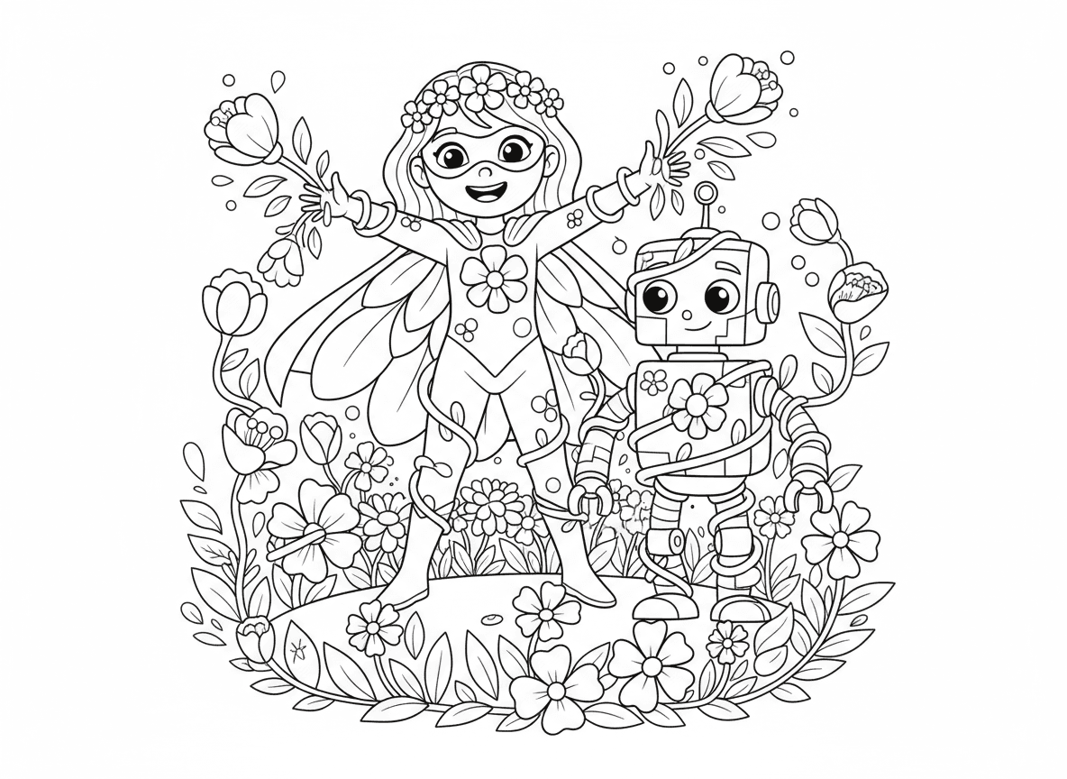 ילדה גיבורת על עם כוח פרחים - ילדה גיבורת על שהכוח שלה הוא לגדל פרחים בכל מקום, פרחים יורים מהידיים, גפנים עוטפות רובוט רשע, כתר פרחים כמסכה, גלימת עלי כותרת, גינה צומחת סביב רגליה