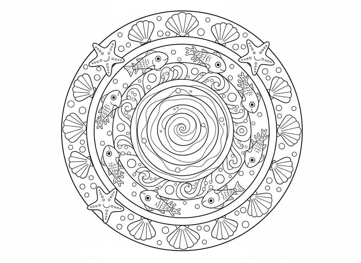 מנדלת גלי ים - מנדלה בהשראת גלי אוקיינוס, גלים ספירליים מקרינים מהמרכז, דגים שוחים בין גלים, צדפות מקשטות את הטבעות, כוכבי ים בנקודות מפתח, בועות ממלאות רווחים, עיטורי אלמוגים