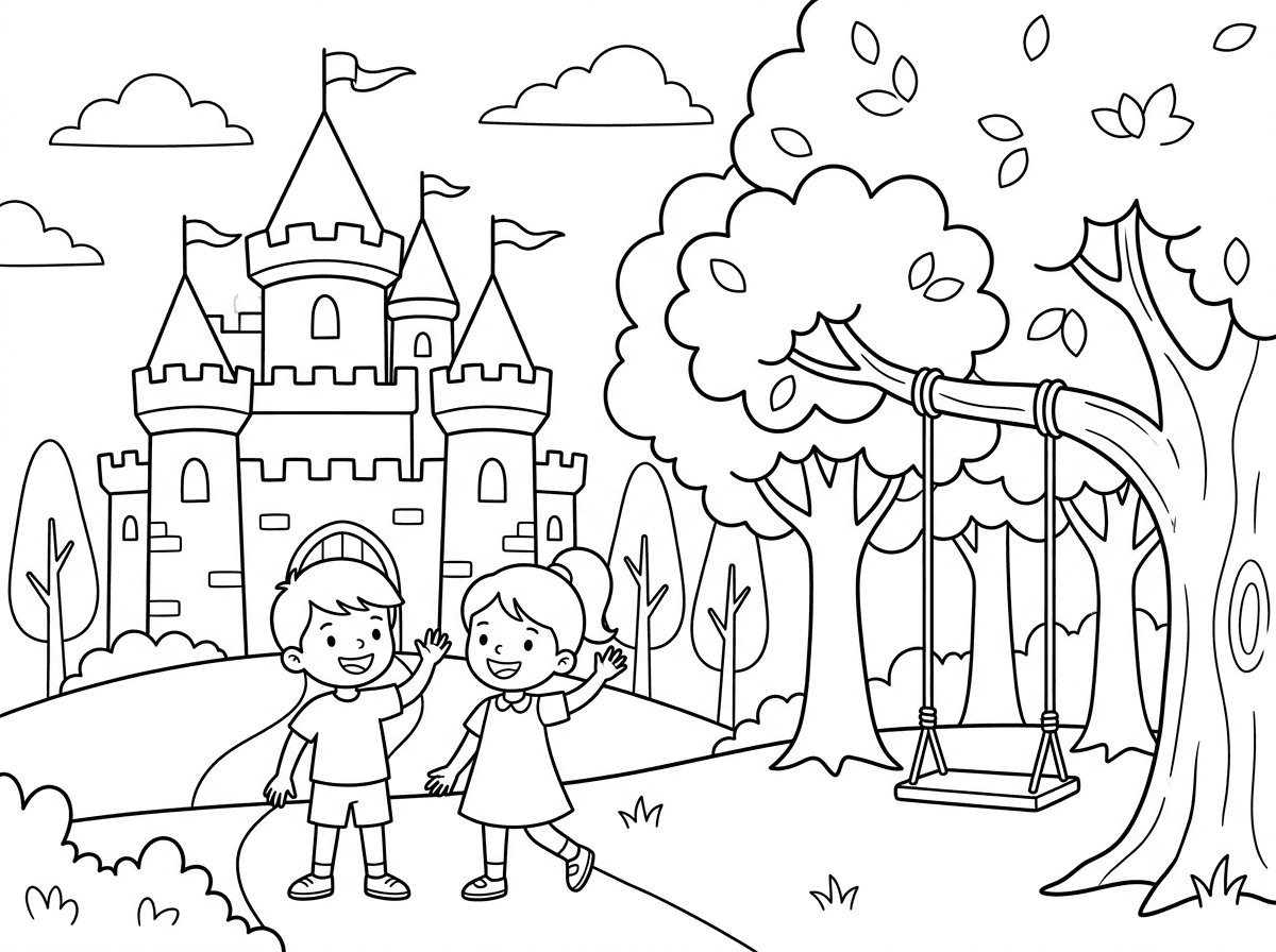 תעשה לי ציור שצריך לצבוע, עם קווים מודגשים שיהיה נוח לצבוע בפנים. 
שני ילדים שעומדים ליד ארמון גדול ויש לידם חורשה יפה עם עצים יפים, ונדנדה שתולה מאחד העצים
