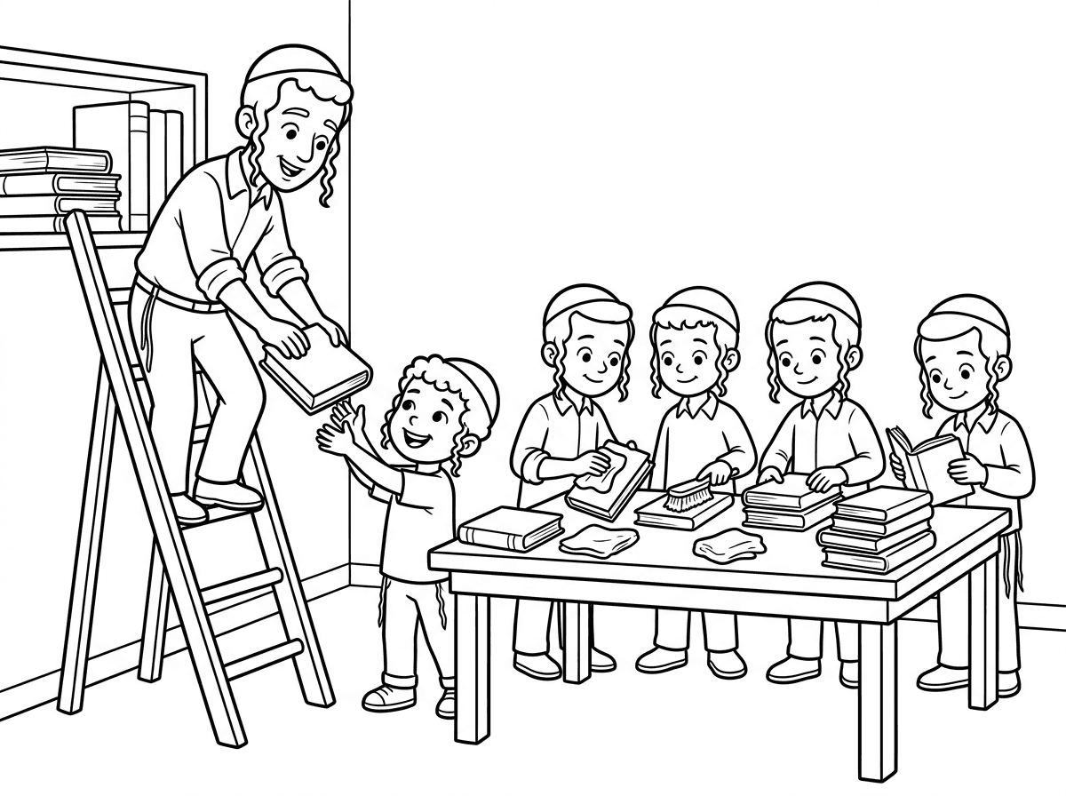 נא לשלוח לי דף צביעה שרואים בחור חרדי עם פיאות מסולסלות עומד על סולם ומעביר ספרים לילד, אבל ליד השולחן עומדים 4 בנים חרדים ומנקים את הספרים