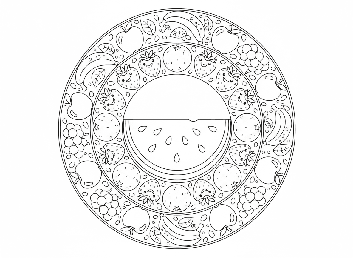 מנדלת פירות - מנדלה עשויה מפירות שונים, פרוסת אבטיח במרכז, טבעת תותים, אז תפוזים, אז תפוחים, אז ענבים, אז בננות בטבעת חיצונית, עלים וגרעינים כאלמנטים דקורטיביים