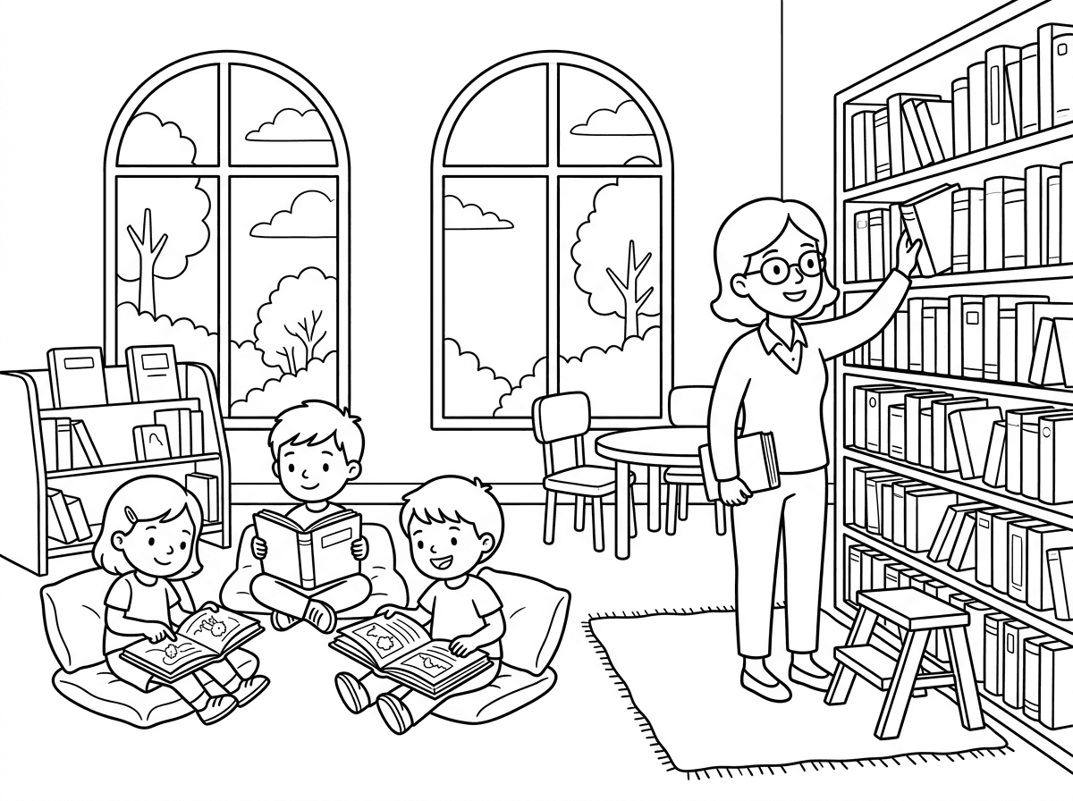 בואו נצייר ספרייה שקטה ומוארת. ילדים יושבים וקוראים ספרים שונים, חלקם מציצים בתמונות וחלקם שקועים בקריאה. הספרנית עומדת ליד מדף ספרים גבוה ומסדרת אותם.
