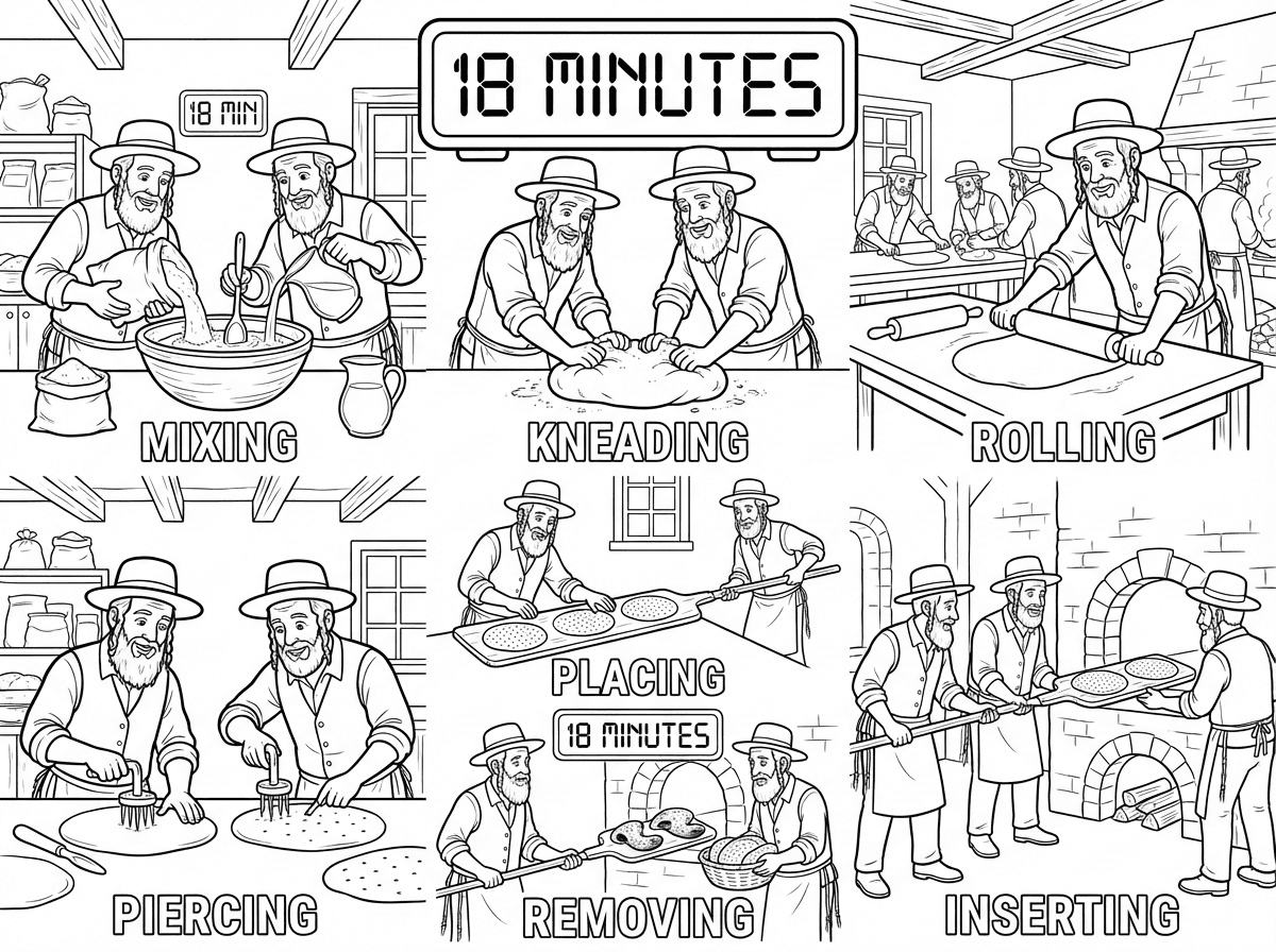 אני רוצה דף צביעה.
שרואים בו את כל השלבים  באפיית מצות ;
הדמויות יהיו אנשים עם זקן ופיאות וציצית.
1.  קמח + מים
2.   לישת בצק. 
3.  מרדדים בצק במערוך.
4 מחוררים את המצות.
5. מניחים על 
6. מקל ארוך.
6. מכניסים לתנור.
7. מוציאים מהתנור.
ברקע של המאפיה יהיה תלוי שעון דיגיטלי ובו 18 דקות