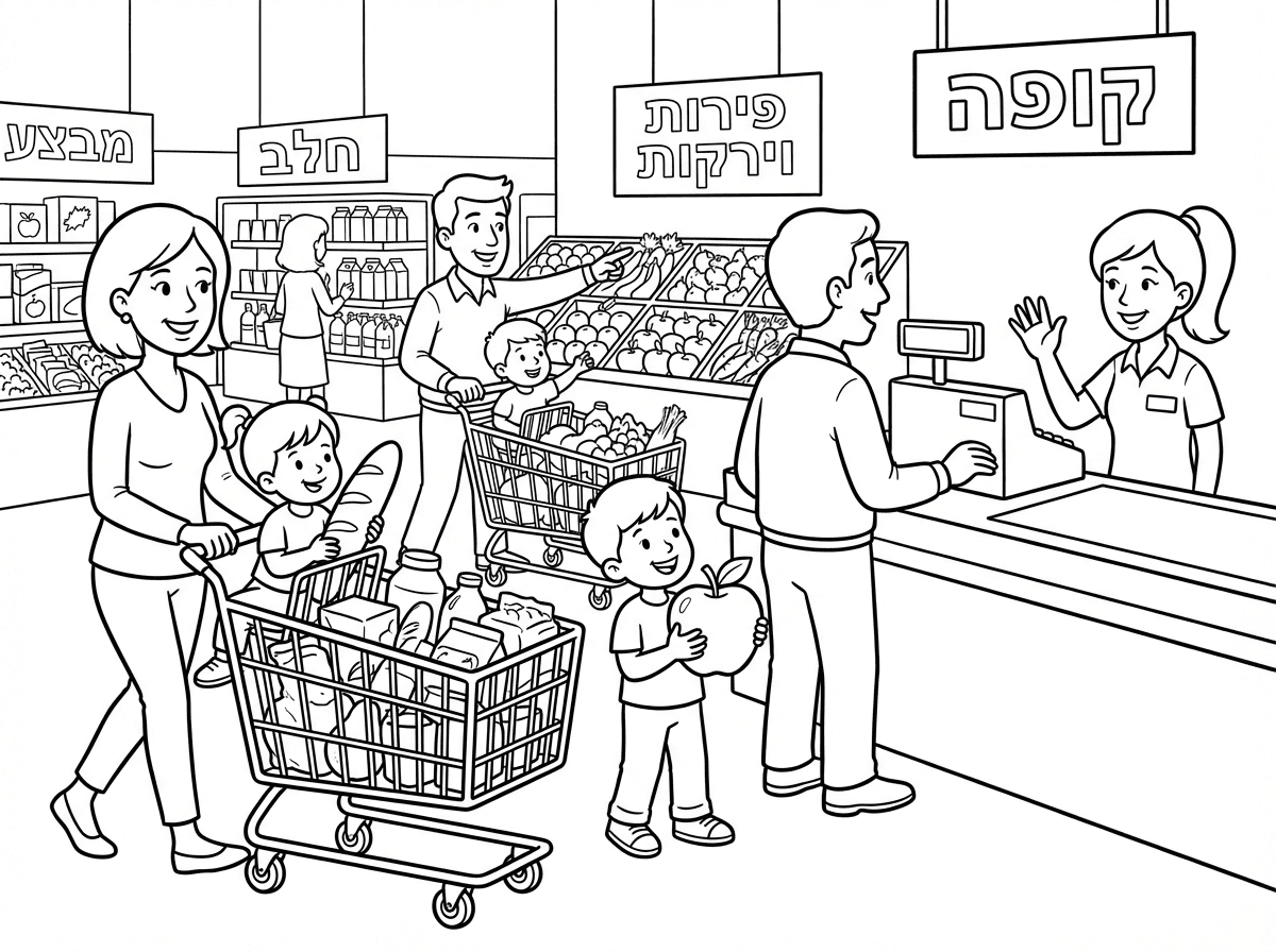 בואו נצייר סופרמרקט עמוס ושמח. עגלות קניות גדושות במצרכים, וילדים קטנים יושבים בעגלות או עוזרים להוריהם לבחור ירקות ופירות טריים. קופאית חייכנית עומדת ליד קופה רושמת.
כל הכיתובים בעברית
