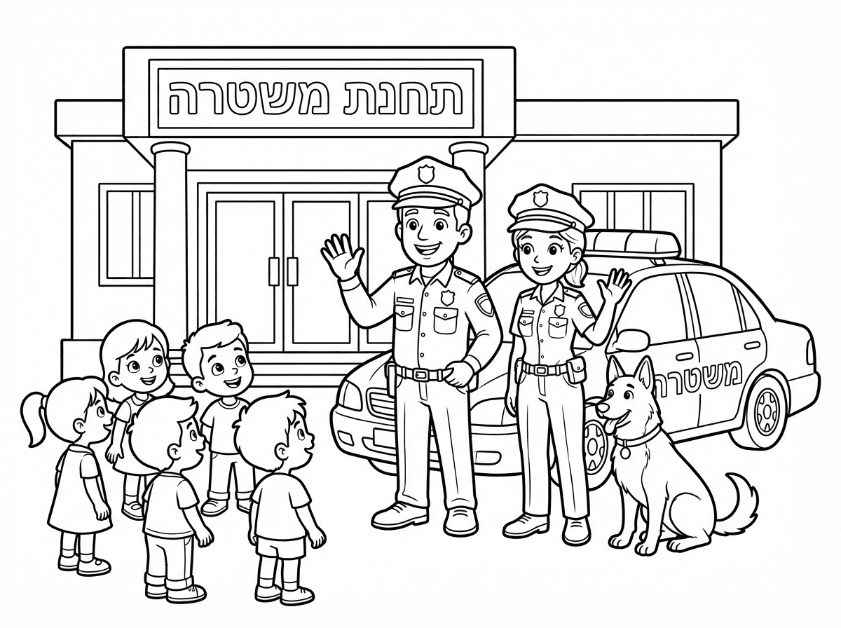 בואו נצייר תחנת משטרה ידידותית. שוטר ושוטרת מחייכים עומדים מחוץ לתחנה ליד ניידת משטרה. ילדים קטנים מסתכלים בהם בהתפעלות, ואולי יש כלב משטרה נחמד לידם.
כל הכיתובים בעברית
