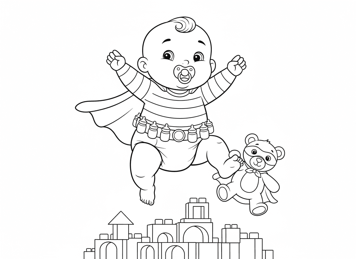 תינוק גיבור על בגלימת אוברול - תינוק גיבור על חמוד באוברול עם גלימה זעירה, מוצץ בפה, עף באופן מגושם, דובון שותף עם מסכה, קוביות כבניינים, חגורת שירות מבקבוקי חלב, חיתול מעל התחפושת