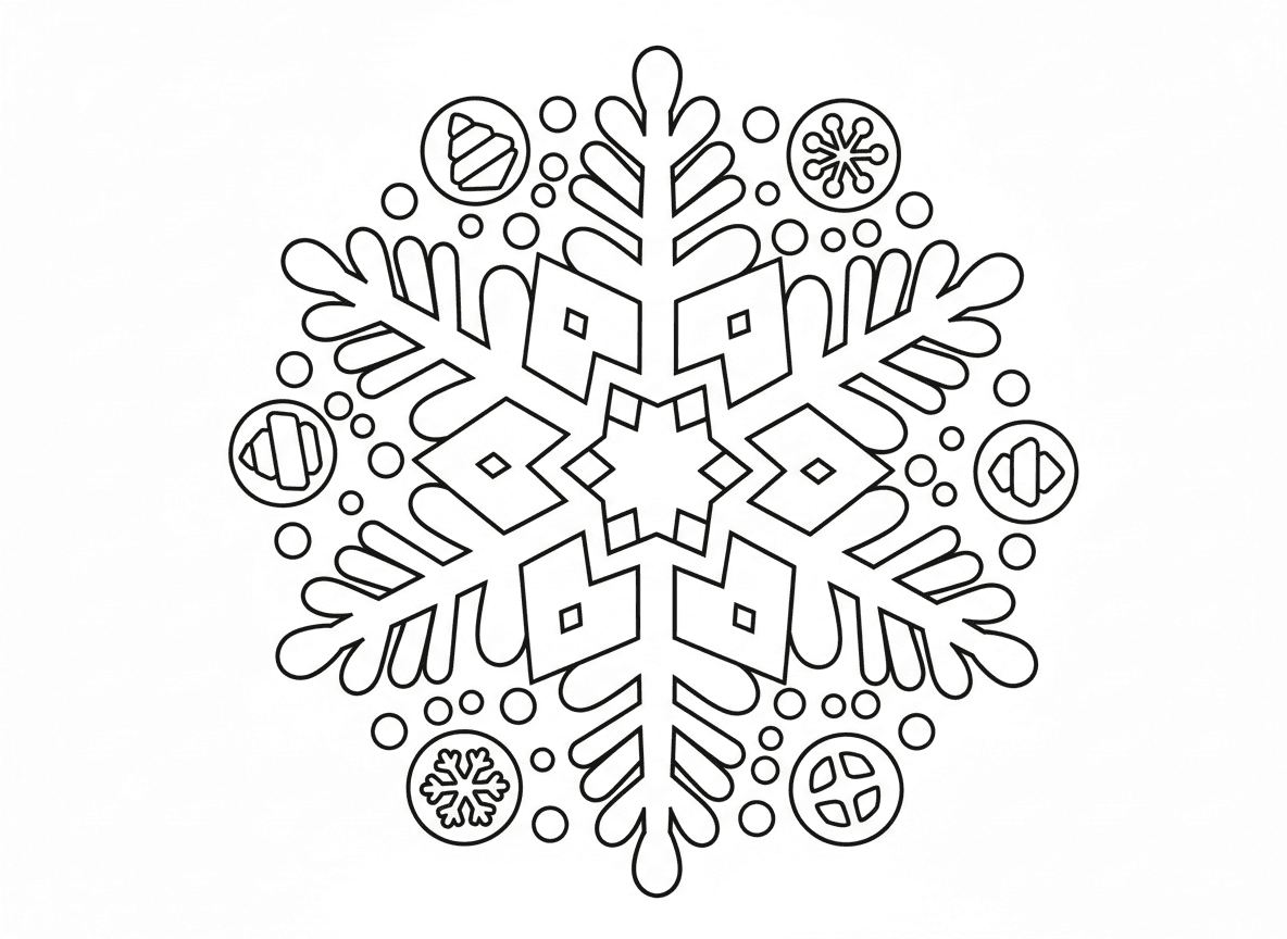 מנדלת פתית שלג - מנדלת פתית שלג מפורטת עם סימטריה שש-קיפולית, דוגמאות גביש קרח מורכבות, כל ענף עם פרט ייחודי, קישוטי כפור, פתיתי שלג זעירים בין ענפים ראשיים, צורות קרח גאומטריות