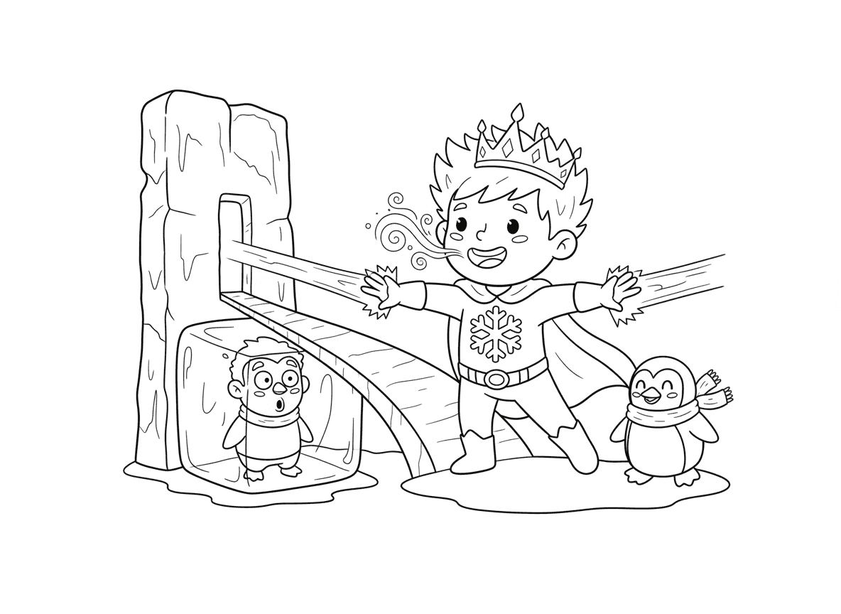 גיבור על עם כוחות קרח - ילד גיבור על יורה קרני קרח מהידיים, יוצר גשרי קרח וחומות, רשע קפוא בקוביית קרח, סמל פתית שלג על החזה, גלימה כחולה קרחית, נשימת כפור, כתר קרחונים, פינגווין שותף