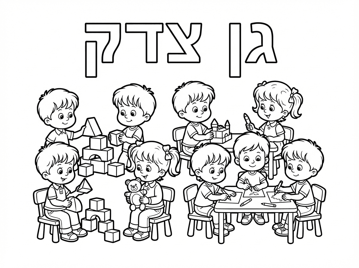 תכין לי דף צביעה לילדים שרואים בתמונה שמונה ילדים  בגן- 6 בנים ו2 בנות ומעליהם כתוב גן צדק