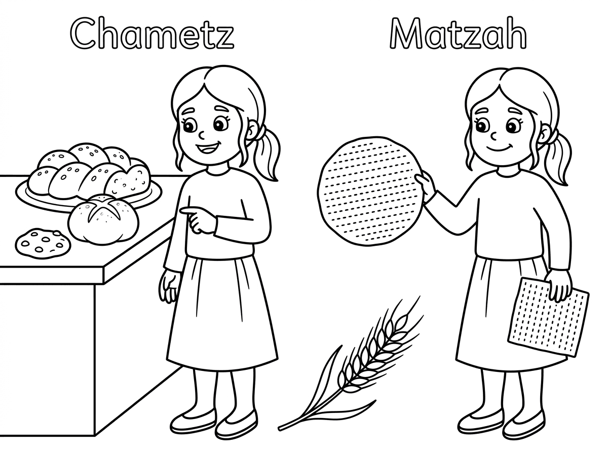 הי אשמח לדפי צביעה ההבדלים בין חמץ למצה לגן בנות חרדי ( עם שיער אסוף, חצאיות, גרביונים)
