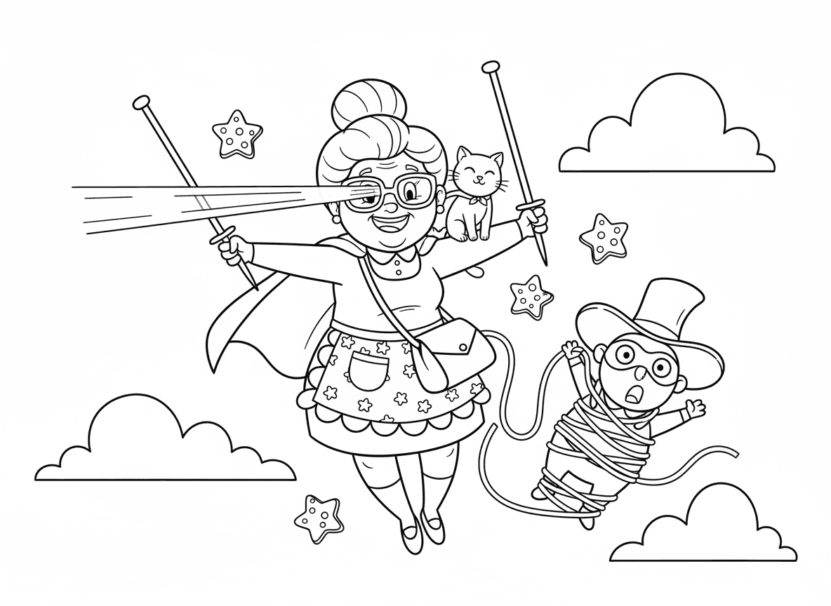 סבתא גיבורת על סורגת צדק - סבתא גיבורת על עפה עם מסרגות ככלי נשק, לאסו חוט תופס רשע, סינר מעל התחפושת, משקפיים עם ראיית לייזר, כוכבי נינג׳ה מעוגיות, תיק יד כתיק שירות, חתול שותף