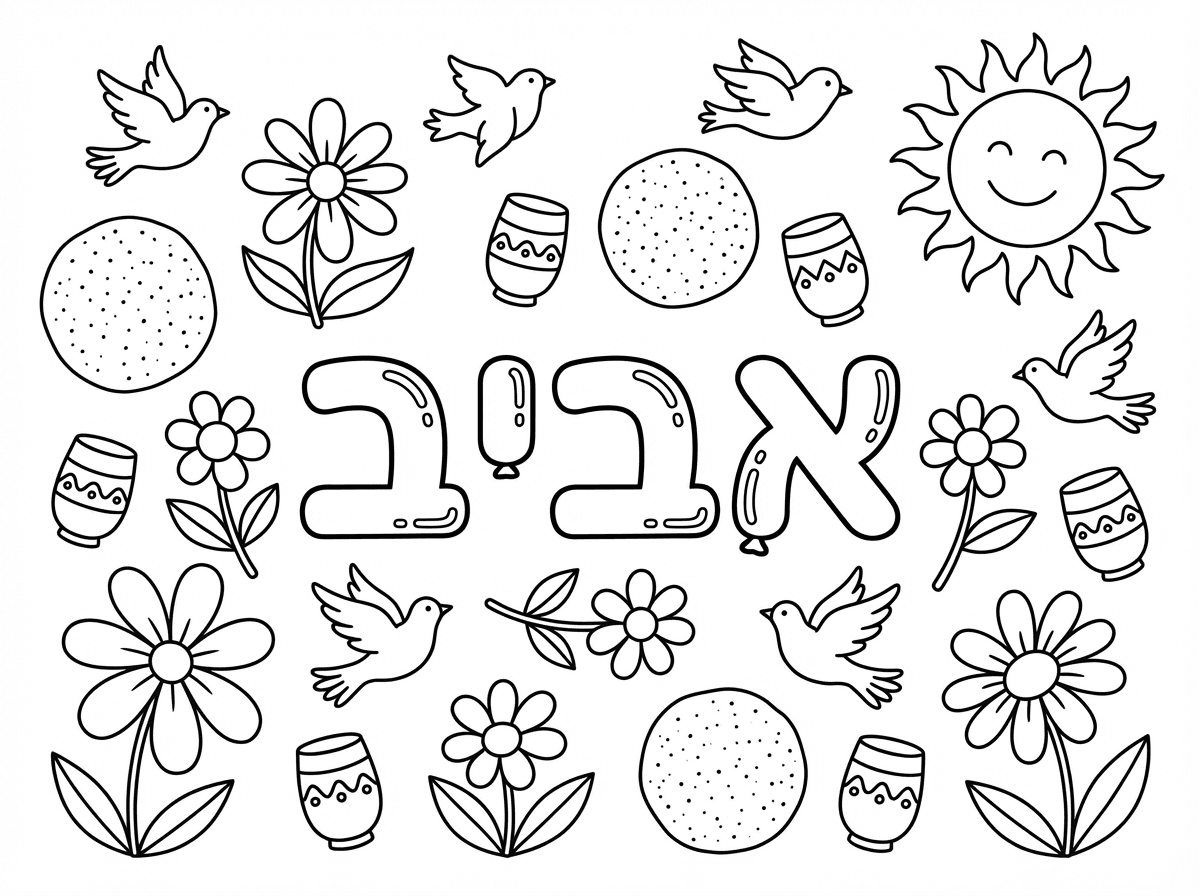 תכין לי דף צביעה 
באמצע כתוב אביב בכתב בלון שאפשר לצבוע
ומסביב יש חיצים לדברים שיש באביב:
-כמה פרחים לצבוע
-ציפורים עפות
-3 מצות עגולות ו4 כוסות יין (כוסות בלי רגל)
-שמש עם קרניים (בלי ציור פנים)