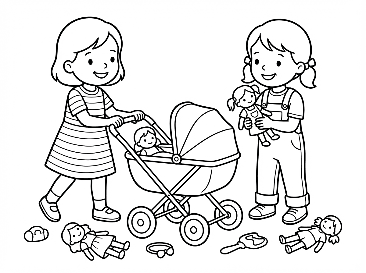 צייור של רחלי ותמר גליקסברג משחקות בבובות ובעגלטת