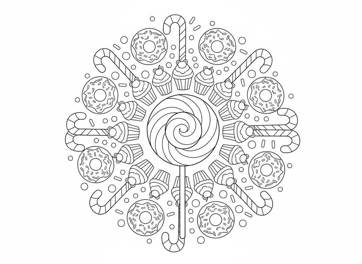 מנדלת ממתקים ומתוקים - מנדלה עשויה ממתקים ומתוקים, סוכרייה על מקל במרכז, טבעת דובוני גומי, אז קאפקייקס, אז גביעי גלידה, אז סופגניות, מקלות ממתקים כמחלקים, סוכריות צבעוניות ממלאות רווחים