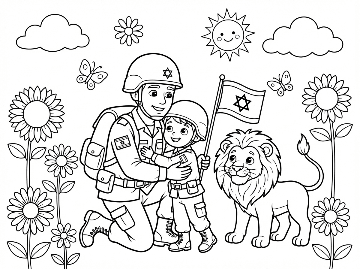 היי 
תיצור לי בבקשה דף צביעה של אבא שהוא חייל ומחבק את הבן שלו שהתחפש לחייל וכמובן אריה ליד כמו שאגת הארי, מסביב פרחים ומשהו אופטימי ודגל ישראל כמובן