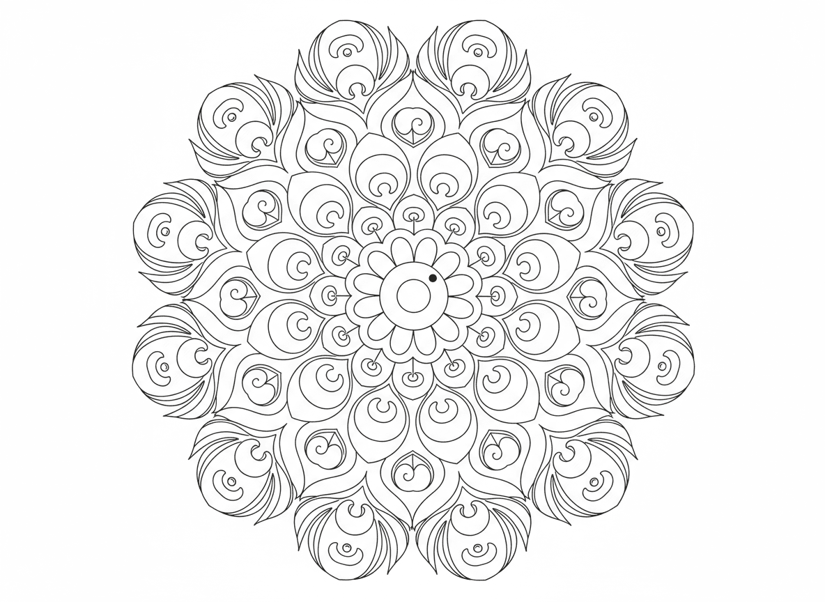 מנדלת נוצות טווס - מנדלה בהשראת נוצות טווס, מרכז בצורת עין, דוגמאות נוצה מקרינות החוצה בשכבות עגולות, שערות נוצה מפורטות, עיצוב סימטרי מעוטר, עקומות ומערבולות אלגנטיות