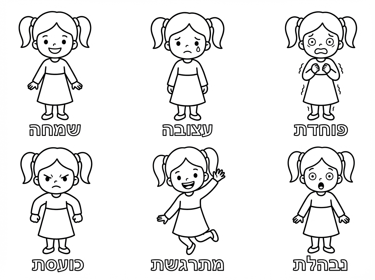 תוכל להכין לי דף עם ילדה עם קוקיות חמודה מחייכת עם שמלת מלמלה צנועה ארוכה ושרוולים ארוכים.
ואותה ילדה כל פעם עם רגש אחר.והרגש כתוב מתחתיה.
לדוגמא:
שמחה
עצובה
פוחדת
כועסת
מתרגשת
נבהלת