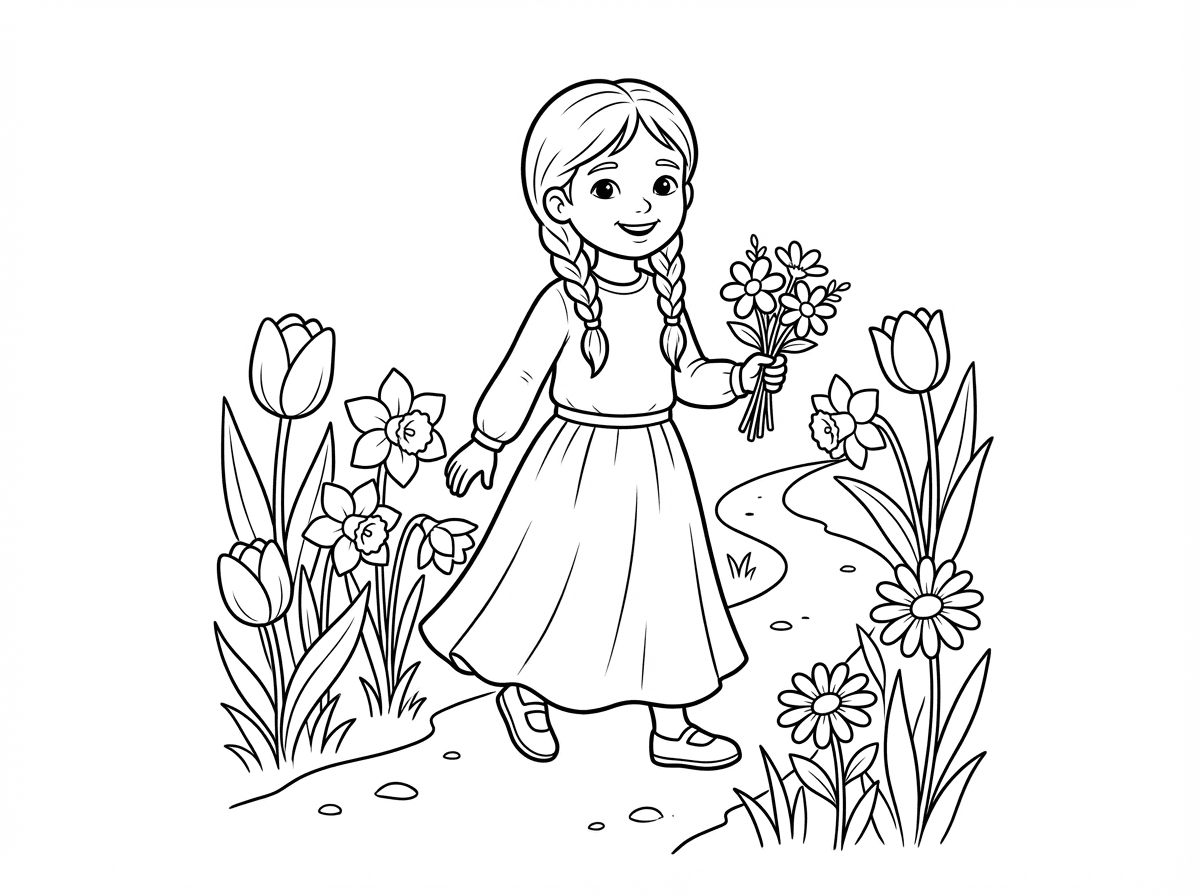 אפשר ציור של ילדה עם שרוולים ארוכים וחצאית ארוכה מטיילת בין פרחי האביב