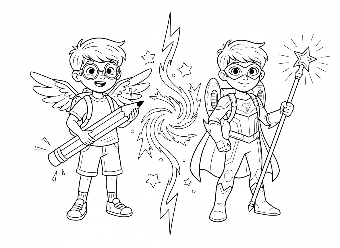 גיבור על משתנה מילד רגיל - תמונה מפוצלת שמראה ילד בית ספר רגיל בצד אחד הופך לגיבור על בצד השני, תיק גב הופך לסילון, משקפיים הופכים למסכה, עיפרון הופך לשרביט כוח, מערבולת אנרגיה ביניהם