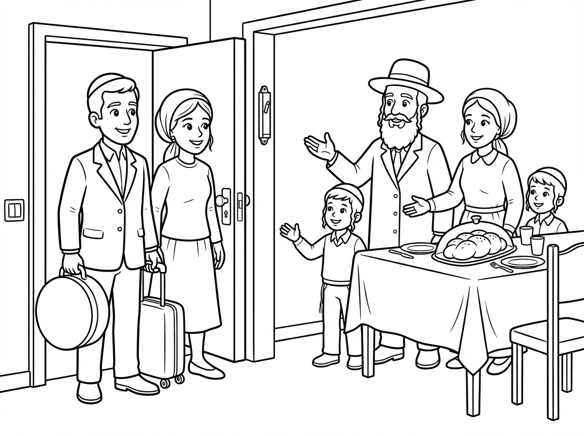 זוג צעיר חרדי האשה עם פאה וחצאית, הבעל לטאי עם חליפה קצרה עם קופסה של כובע וחליפה עליו, ומזוודה מגיעים להתארח לשבת אצל משפחת כהן גם הם חרדים לטאים,