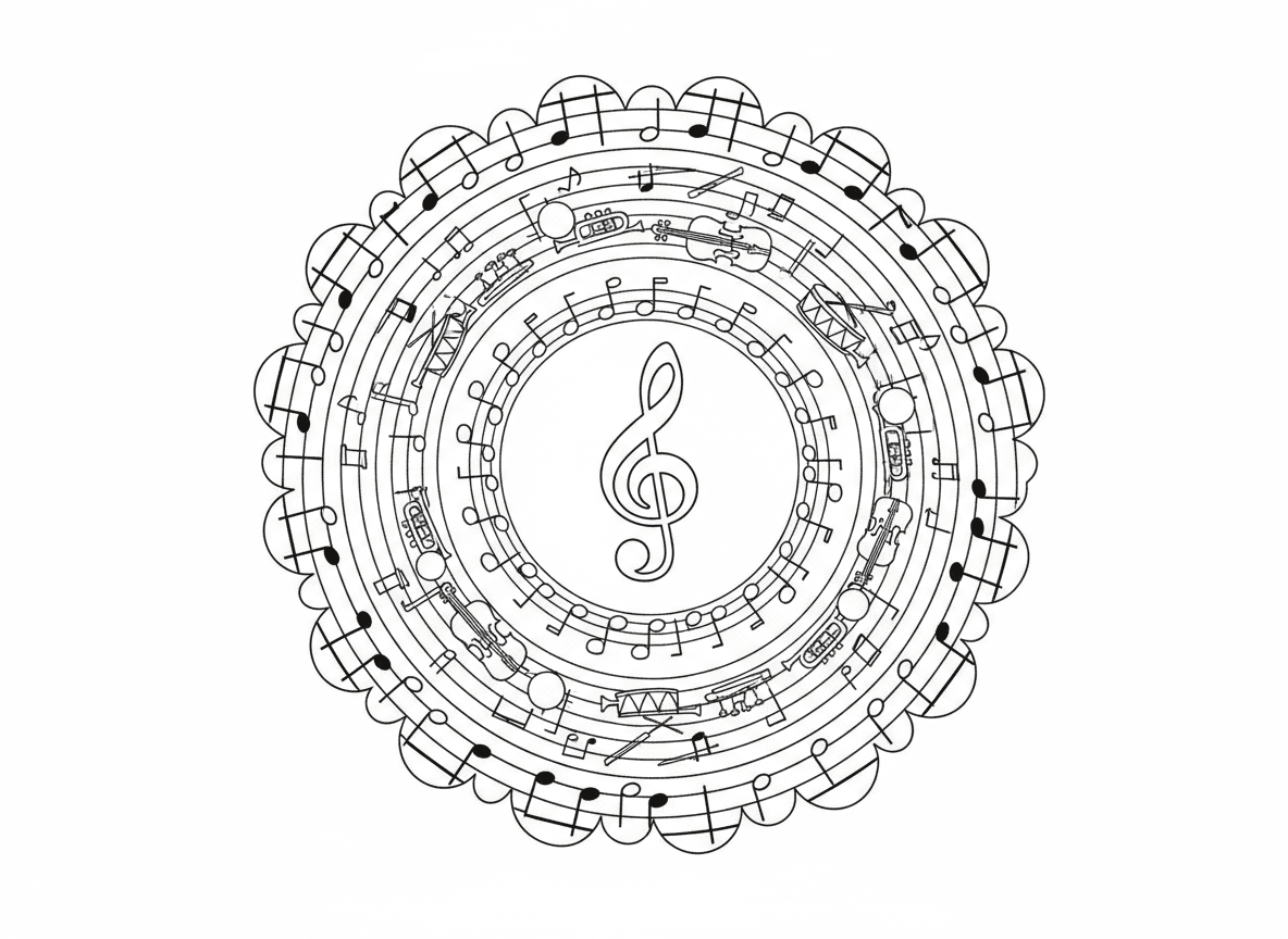 מנדלת תווי מוזיקה - מנדלה עשויה מאלמנטים מוזיקליים, מפתח סול במרכז, טבעות תווים מוזיקליים, שמיניות, רבעיות, חמשות מוזיקליות מתעקלות בעיגולים, כלי נגינה זעירים בין תווים, גבולות דוגמת קצב