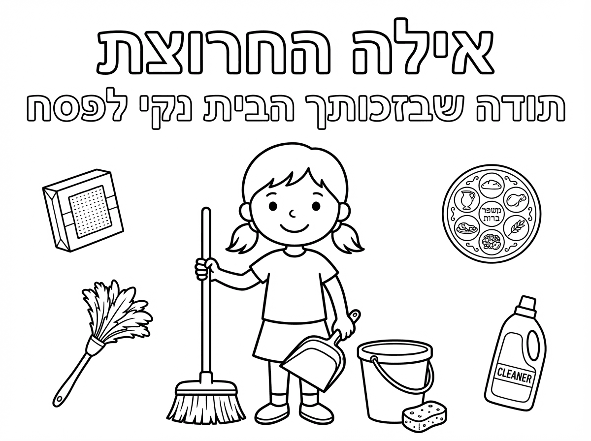 אשמח לדף צביעה שכתוב: אילה החרוצה תודה שבזכותך הבית נקי לפסח 🩷 .
באותיות גדולות לצביעה.

ובנוסף ציורים הקשורים לפסח ולנקיון וגם ילדה ילדה עם חומרי נקיון