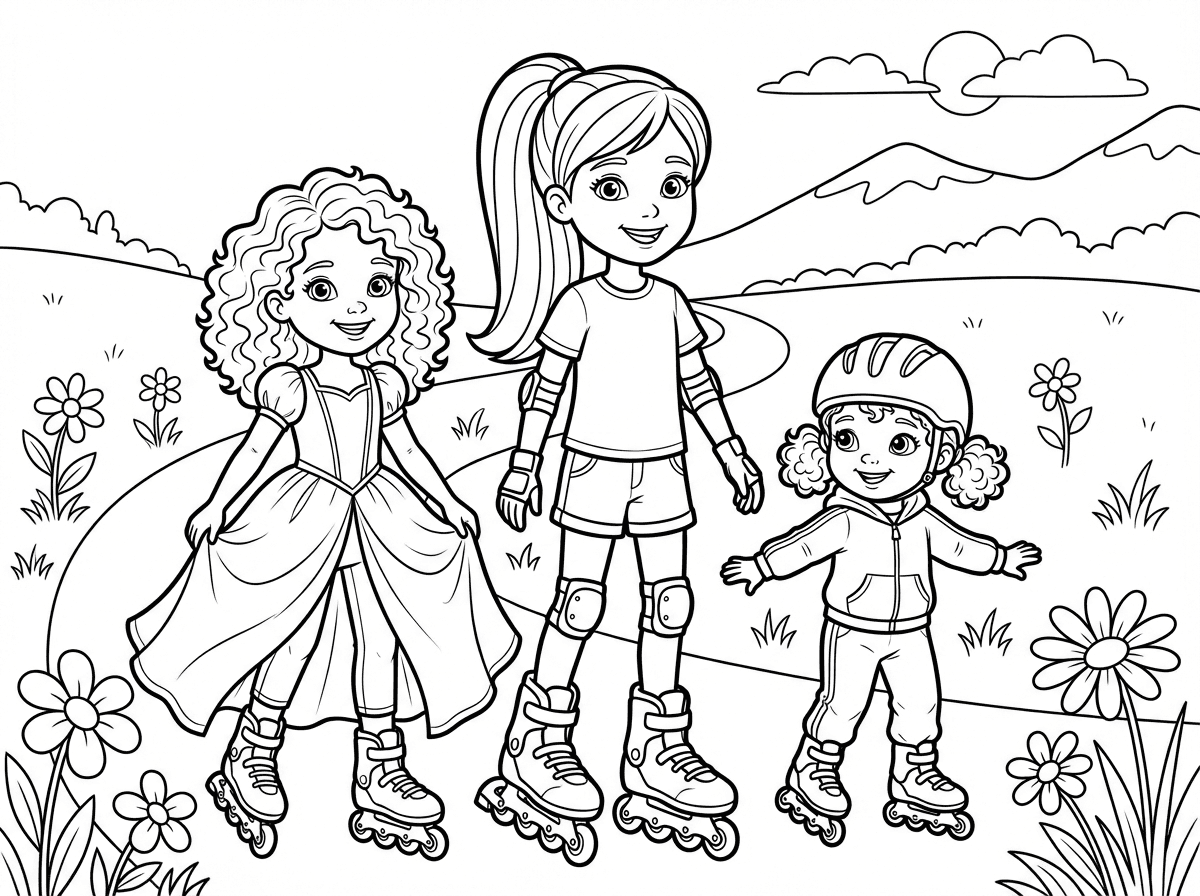 אני רוצה דף צביעה של 3 ילדות על רולרבלייס   אחת בת 7 שיער חלק רזה וגבוה  .  שניה עם תלתלים פזור ושימלה נסיכה בת 5 . והשלישית בת שלוש עם תלתלים וטרניג . סביב דשא פרחים ונוף הרים