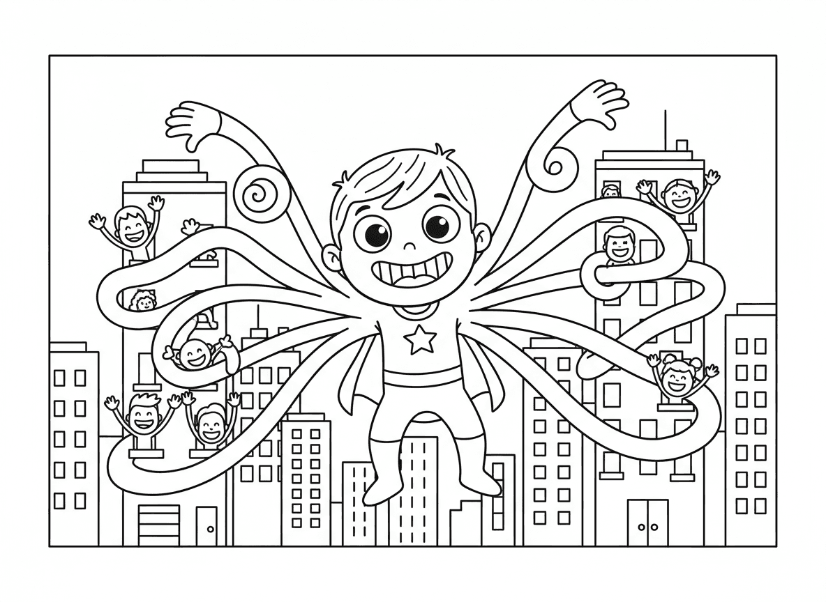 גיבור על עם ידיים נמתחות בין בניינים - ילד גיבור על עם ידיים גומי נמתחות בין בניינים כדי להציל אנשים, ידיים עוטפות קומות רבות, חיוך מגושם, גוף אלסטי נמתח בצורות מצחיקות, אנשים מנופפים תודה