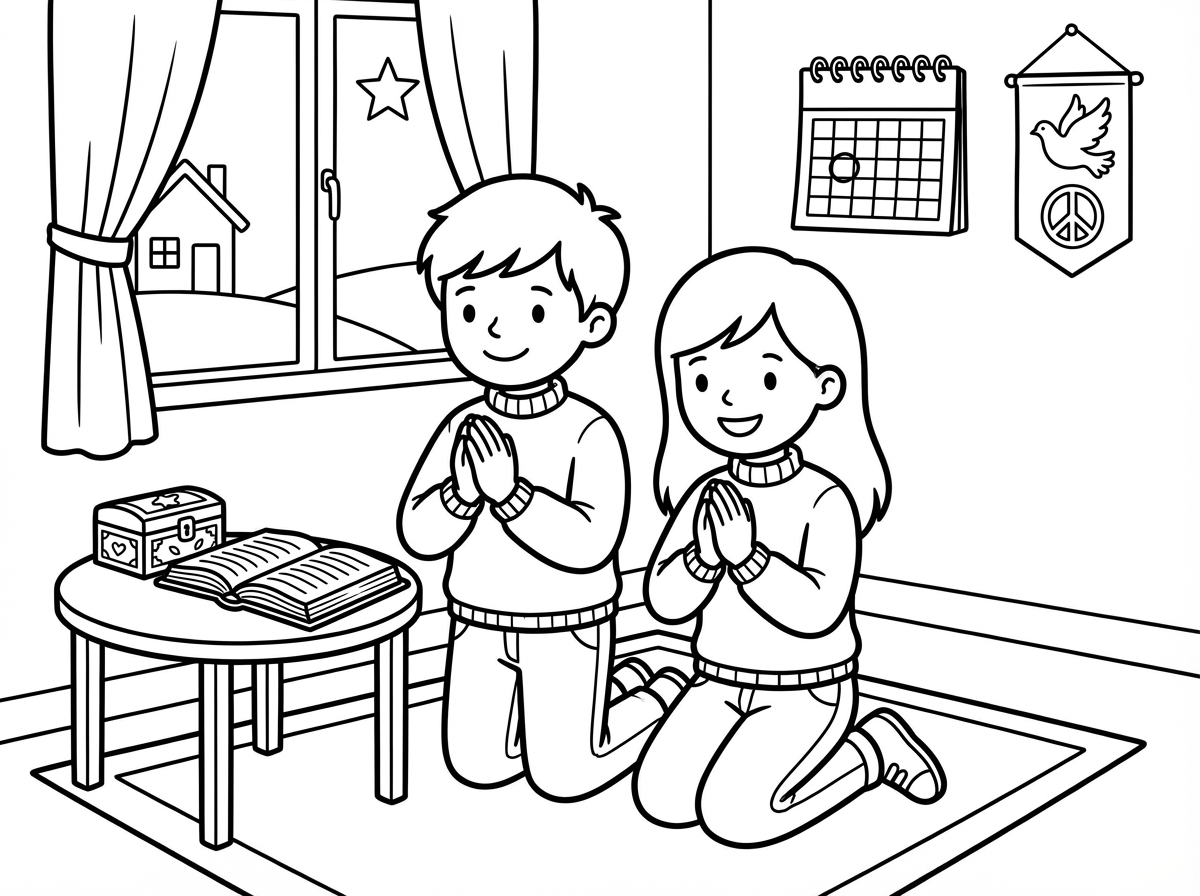 ילד וילדה מתפללים בבית בחופש של המלחמה