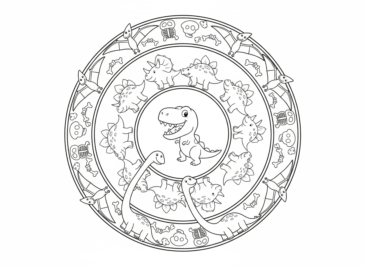 מנדלת דינוזאורים - מנדלה עם דינוזאורים חמודים מסודרים בעיגולים, טי-רקס במרכז, טבעת טריצרטופס, אז סטגוזאורוס, אז ברכיוזאורוס, אז טרודקטילים עפים בטבעת חיצונית, מאובנים ועצמות כקישוטים