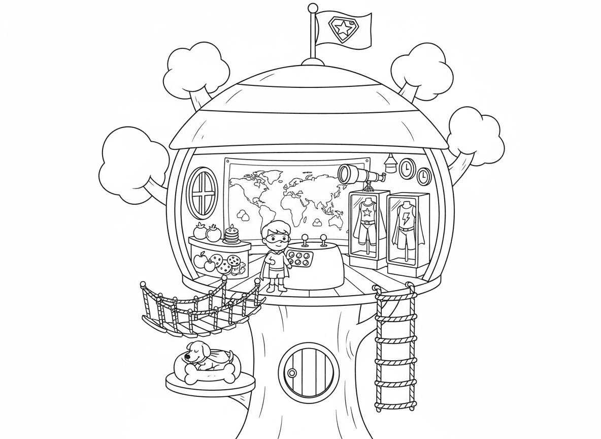 מטה גיבורי על בתוך בית עץ - מטה סודי של ילדים גיבורי על בתוך בית עץ ענק, לוחות בקרה, ארונות תצוגת תחפושות, כניסת סולם חבל, טלסקופ, קיר מפות, בר חטיפים, פינת חיות מחמד שותפות, דגל לוגו גיבורי על
