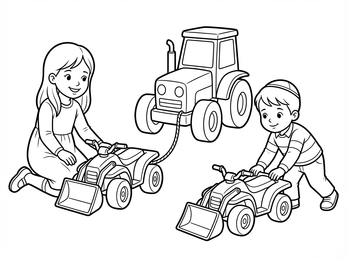צייר לי ילדה  צנועה עם שימלה וגרביים משחקת עם ילד עם כיפה טרקטורונים קטנים עם כפות מחוברים לטרקטור