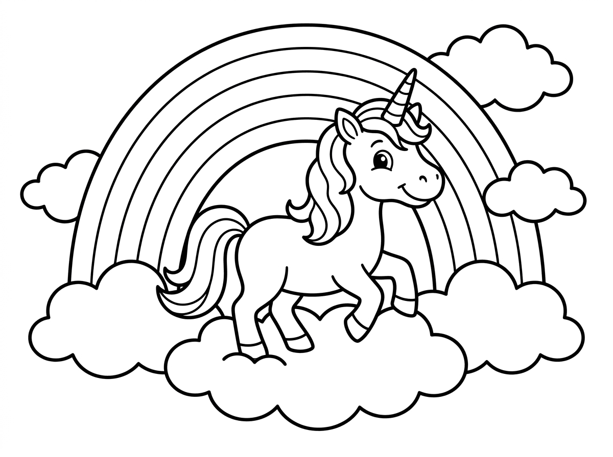 אני רוצה ציור של קשת וענן עם עננים וחד קרן.