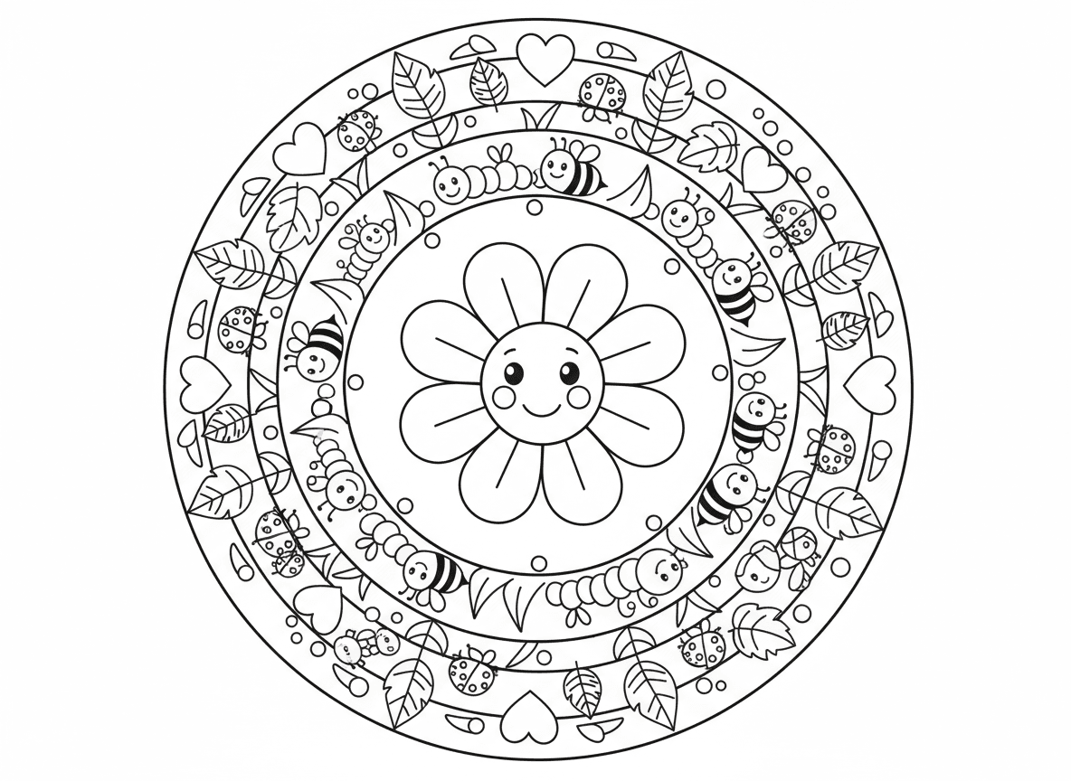 מנדלת גינה עם חיפושיות - מנדלה בנושא גינה, פרח במרכז, מוקף בטבעות חיפושיות, עלים, זחלים, דבורים, ופטריות, גבעולי דשא כקווי חלוקה, טיפות טל כנקודות נוי