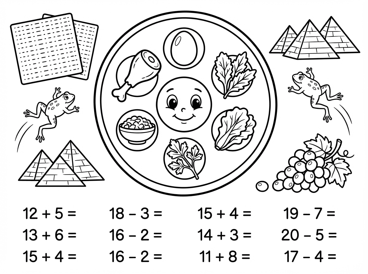תכין לי דף עבודה בחשבון עשרת שניה חיבור וחיסור בנושא חג הפסח