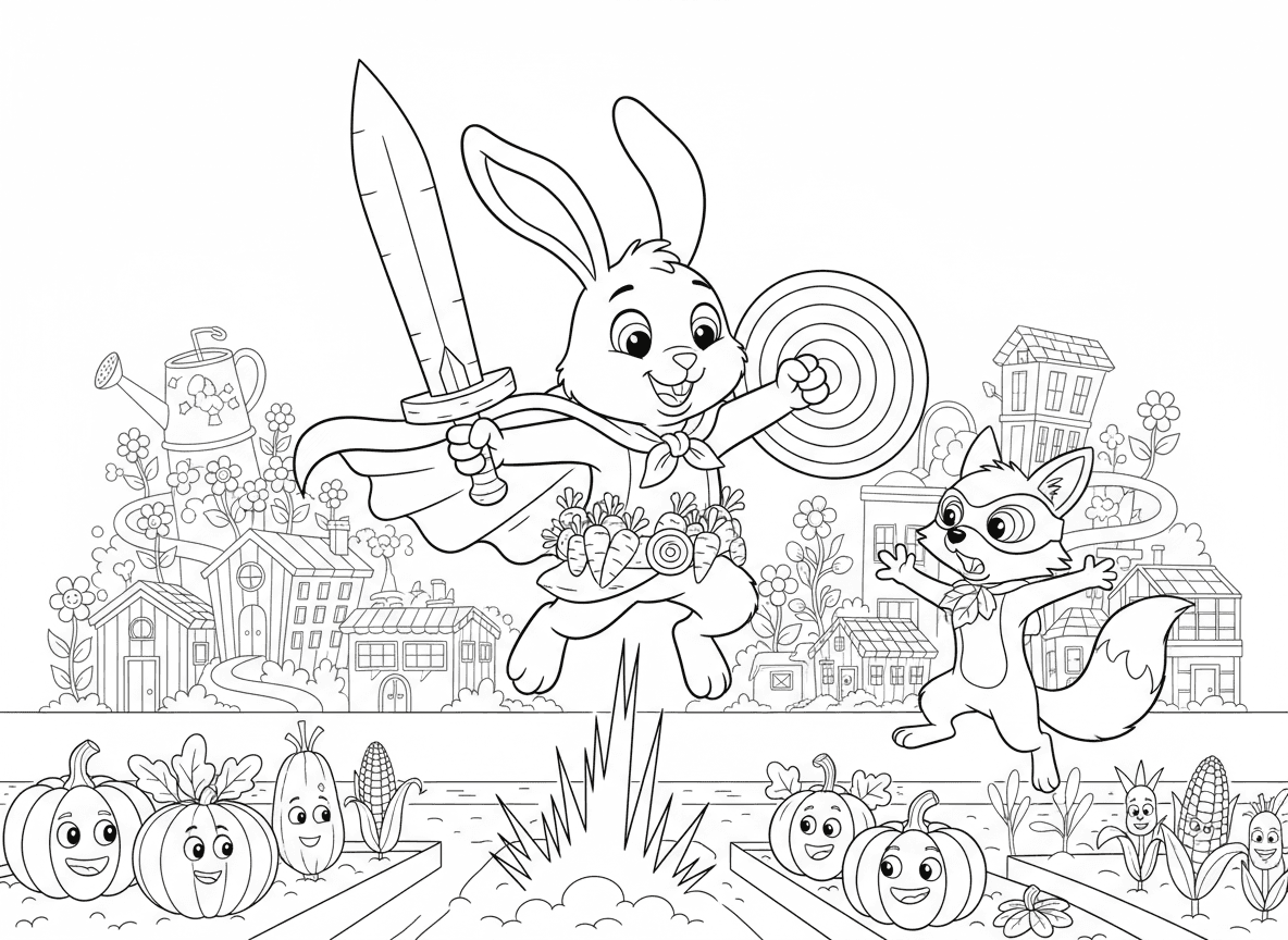 ארנב גיבור על עם כוחות גזר - ארנב גיבור על שמופעל על ידי גזרים, חרב גזר, מגן גזר, חגורת שירות מלאה גזרים, כוח קפיצת על, נלחם בשועל רשע, רקע עיר גינה, גלימת חסה